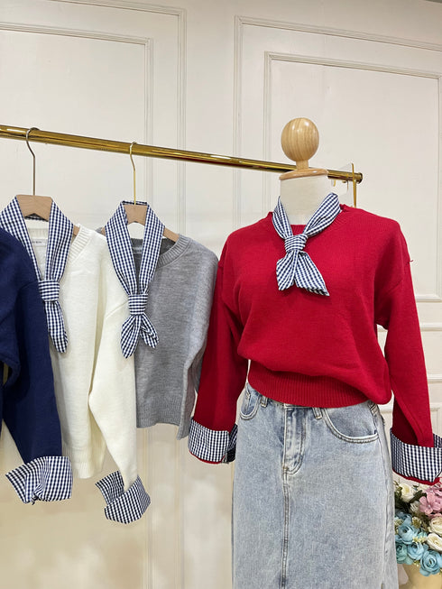 Solid Color Round Neck Sweater With Gingham Scarf